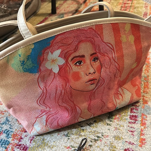 Hot Pink striped Tote / Hand Bag / Satchel. Attachable Crossbody strap. - Picture 11 of 12